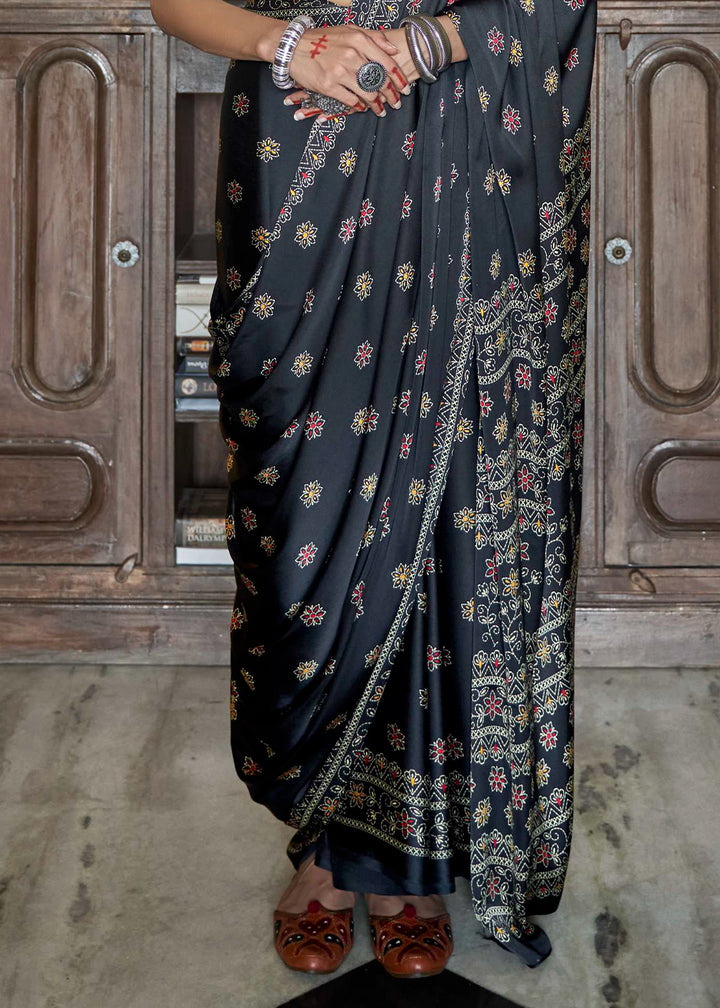 Pitch Black Digital Printed Gajji Silk Saree Featuring Embroidered Blouse