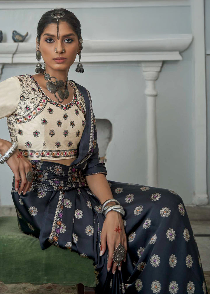 Ebony Black Digital Printed Gajji Silk Saree Featuring Embroidered Blouse
