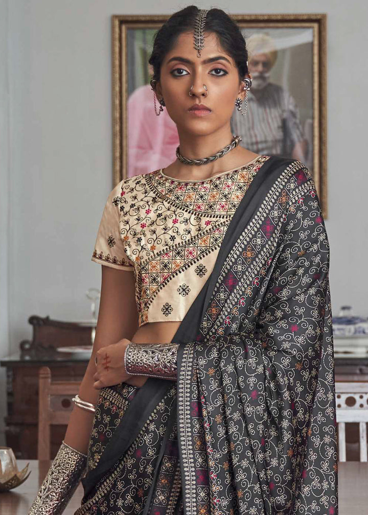 Slate Black Digital Printed Gajji Silk Saree Featuring Embroidered Blouse