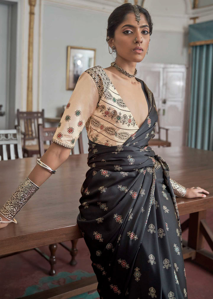 Charcoal Black Digital Printed Gajji Silk Saree Featuring Embroidered Blouse