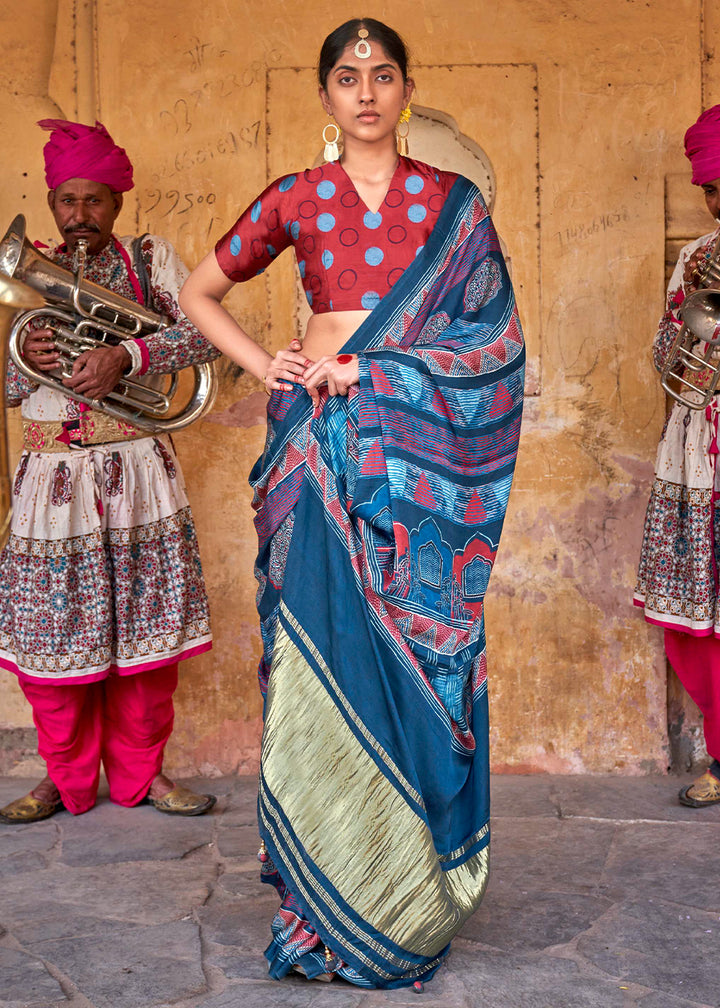 Shades Of Blue Viscose Silk Saree with Ajrakh Print and Gajji Lagdi Pallu