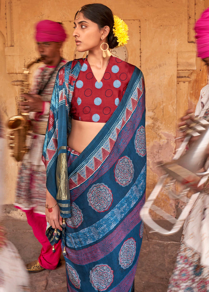 Shades Of Blue Viscose Silk Saree with Ajrakh Print and Gajji Lagdi Pallu