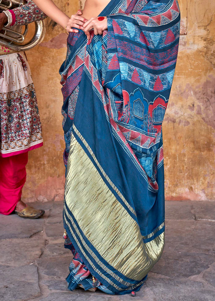 Shades Of Blue Viscose Silk Saree with Ajrakh Print and Gajji Lagdi Pallu