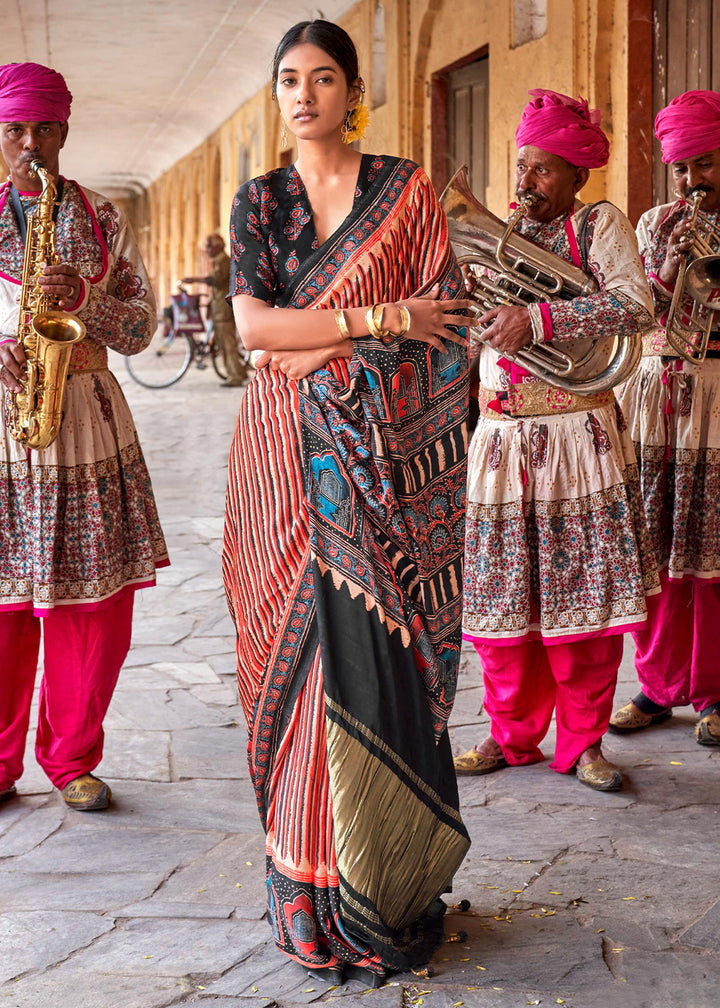 Orange & Black Viscose Silk Saree with Ajrakh Print and Gajji Lagdi Pallu
