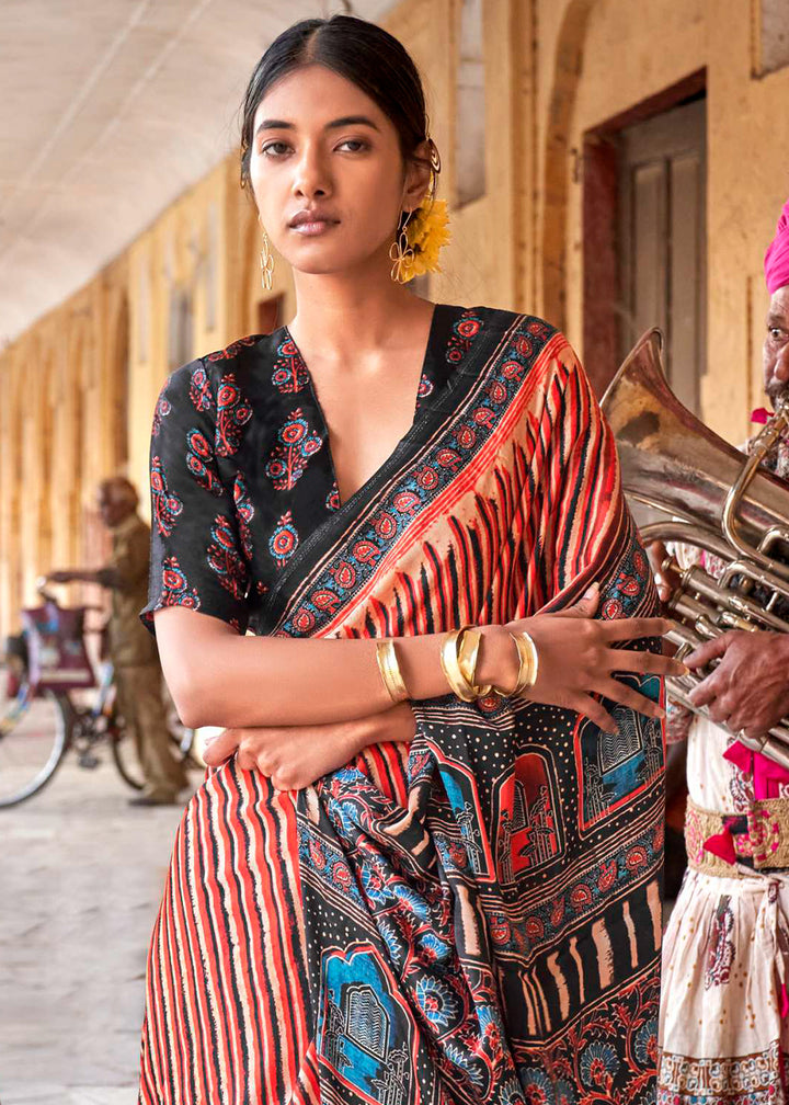 Orange & Black Viscose Silk Saree with Ajrakh Print and Gajji Lagdi Pallu