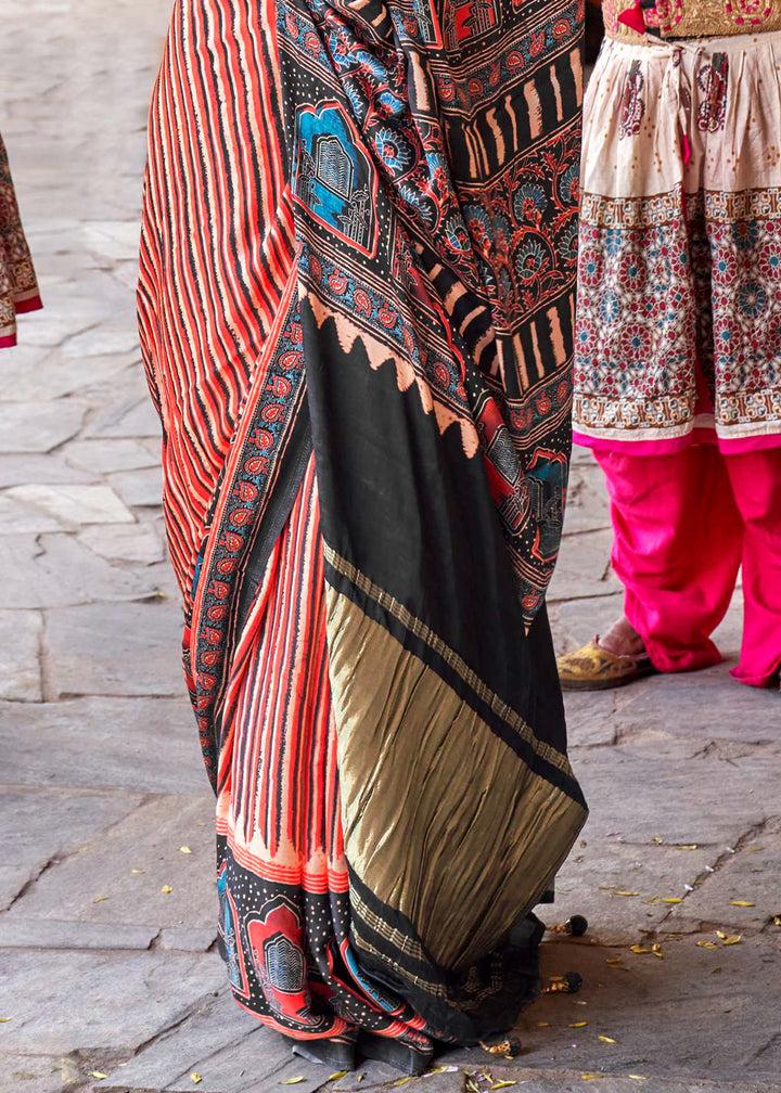 Orange & Black Viscose Silk Saree with Ajrakh Print and Gajji Lagdi Pallu