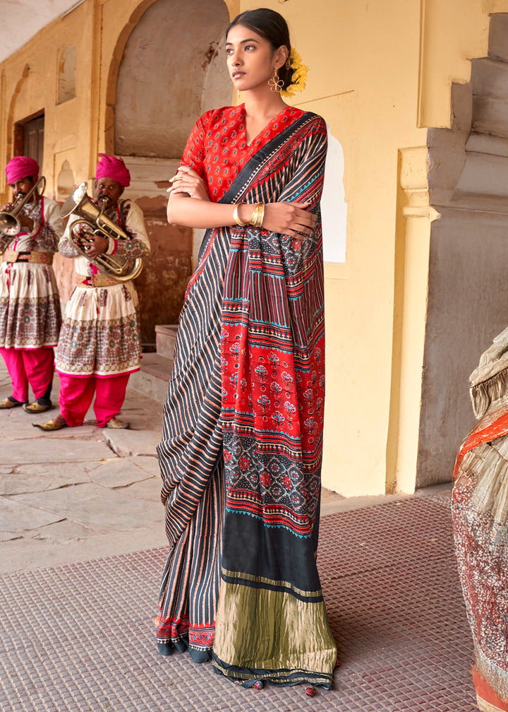 Black & Red Viscose Silk Saree with Ajrakh Print and Gajji Lagdi Pallu