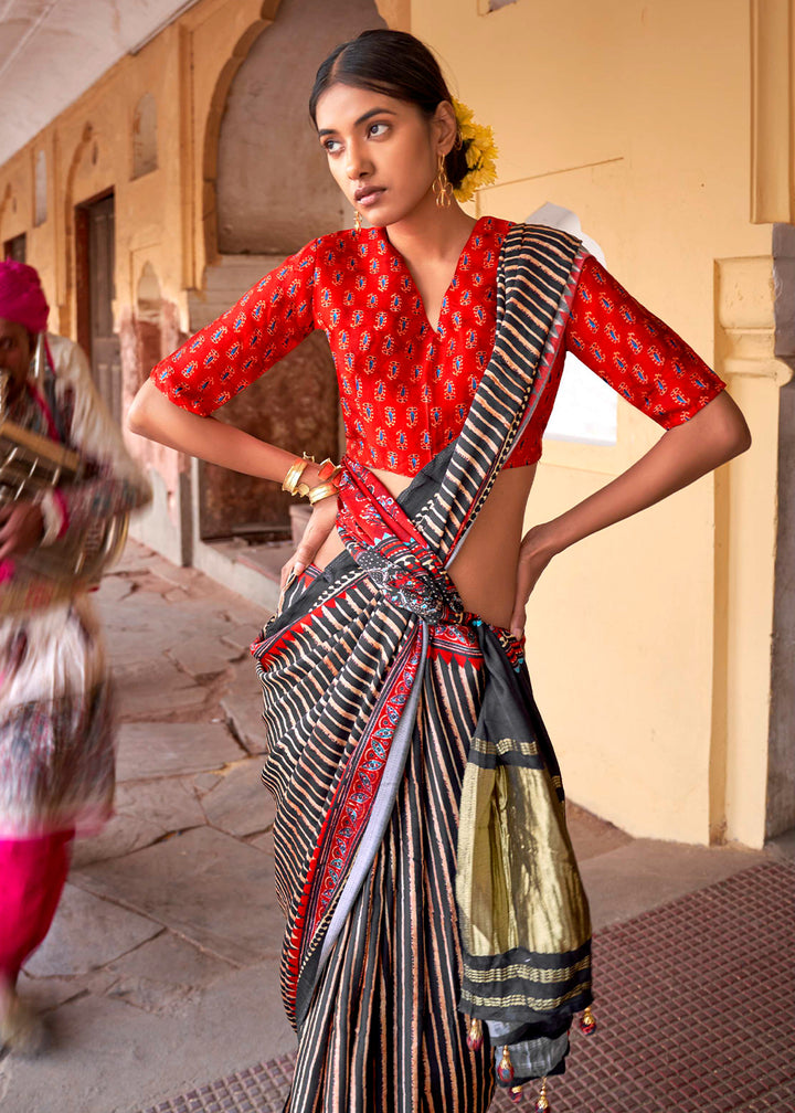 Black & Red Viscose Silk Saree with Ajrakh Print and Gajji Lagdi Pallu