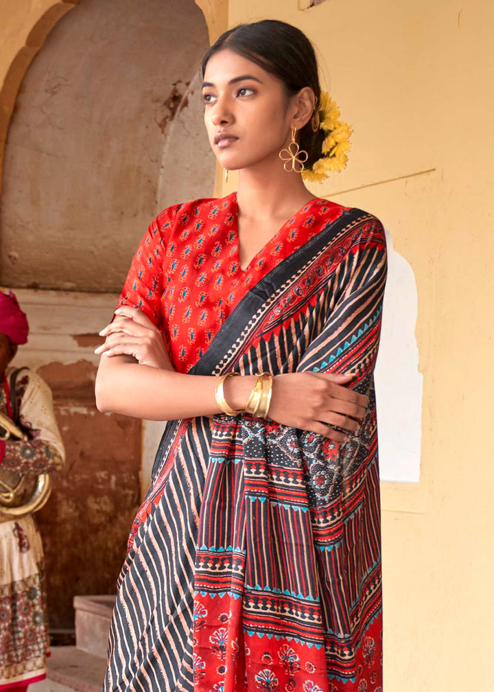 Black & Red Viscose Silk Saree with Ajrakh Print and Gajji Lagdi Pallu