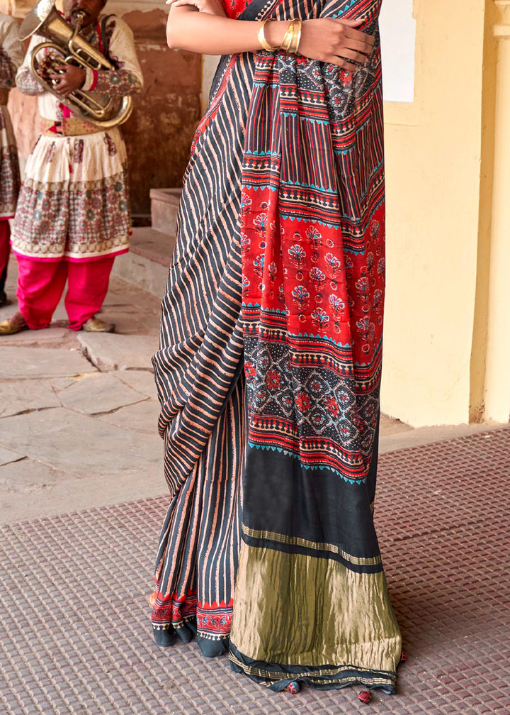 Black & Red Viscose Silk Saree with Ajrakh Print and Gajji Lagdi Pallu