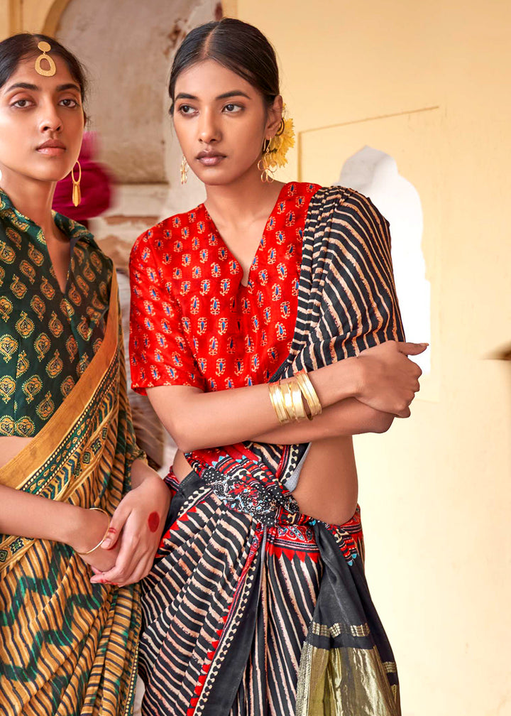 Black & Red Viscose Silk Saree with Ajrakh Print and Gajji Lagdi Pallu