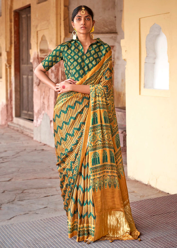 Mustard Yellow Viscose Silk Saree with Ajrakh Print and Gajji Lagdi Pallu