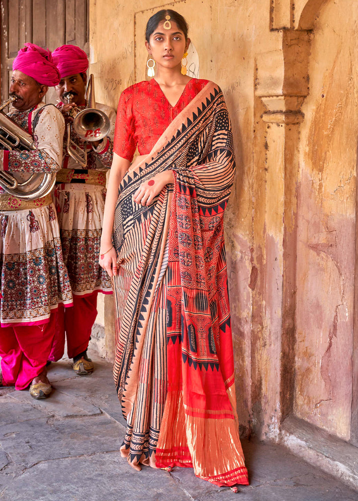 Light Brown & Red Viscose Silk Saree with Ajrakh Print and Gajji Lagdi Pallu