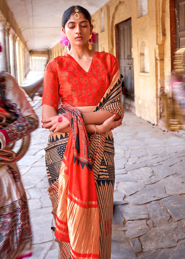 Light Brown & Red Viscose Silk Saree with Ajrakh Print and Gajji Lagdi Pallu
