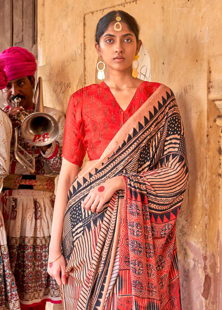 Light Brown & Red Viscose Silk Saree with Ajrakh Print and Gajji Lagdi Pallu