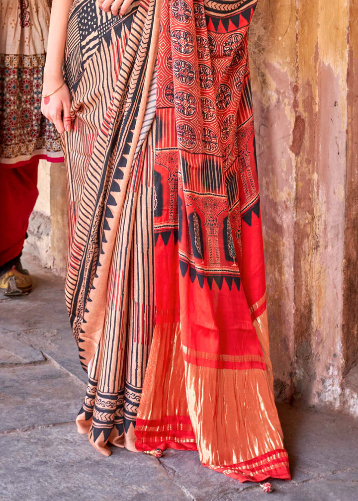Light Brown & Red Viscose Silk Saree with Ajrakh Print and Gajji Lagdi Pallu