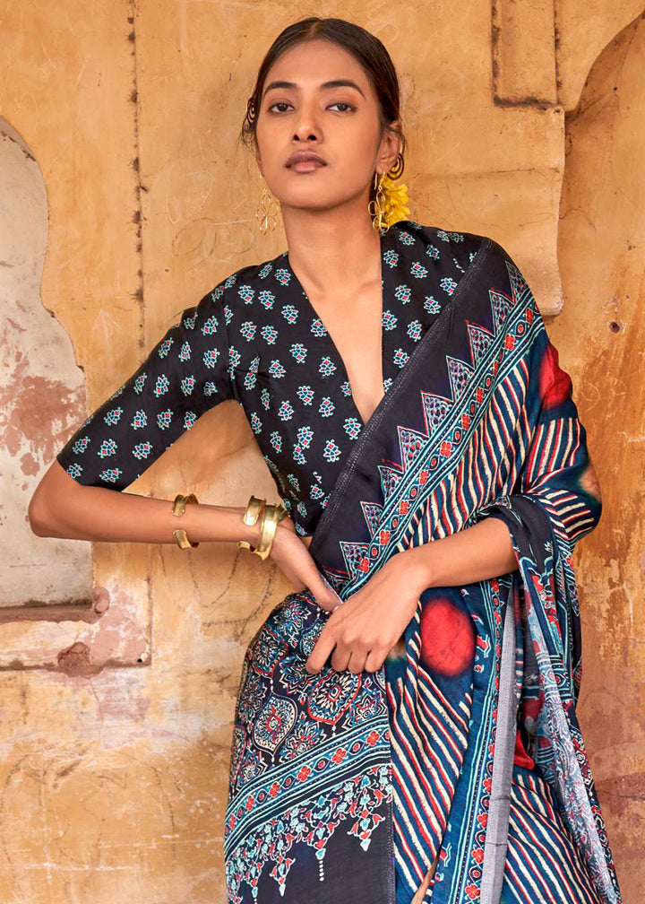 Shades Of Blue Viscose Silk Saree with Ajrakh Print and Gajji Lagdi Pallu