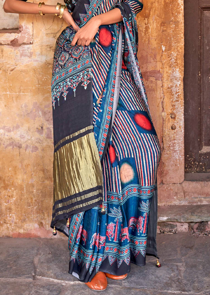 Shades Of Blue Viscose Silk Saree with Ajrakh Print and Gajji Lagdi Pallu