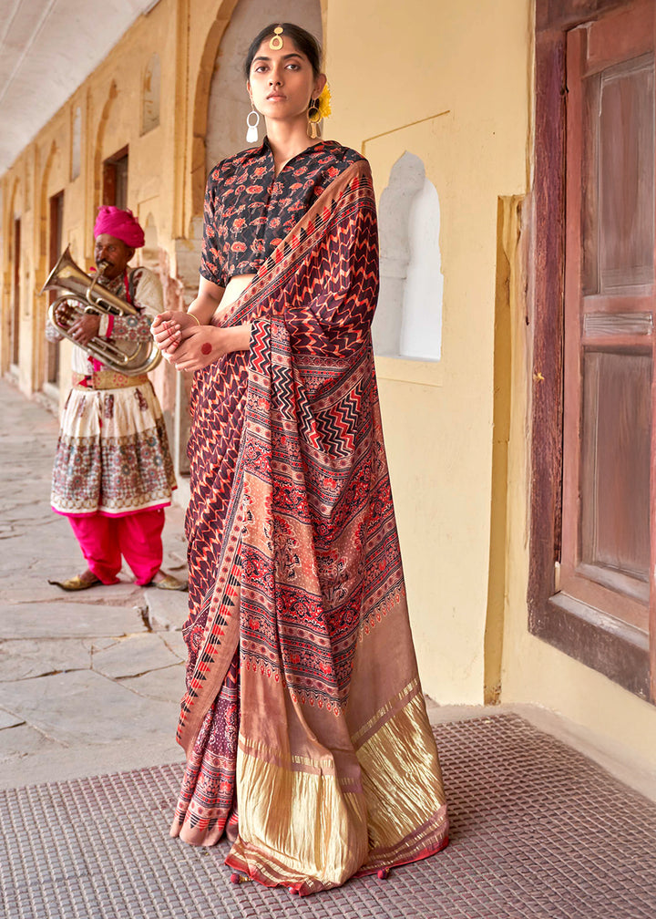 Shades Of Brown Viscose Silk Saree with Ajrakh Print and Gajji Lagdi Pallu