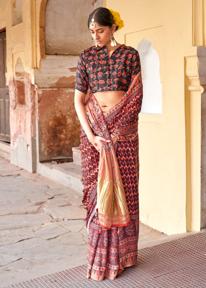 Shades Of Brown Viscose Silk Saree with Ajrakh Print and Gajji Lagdi Pallu