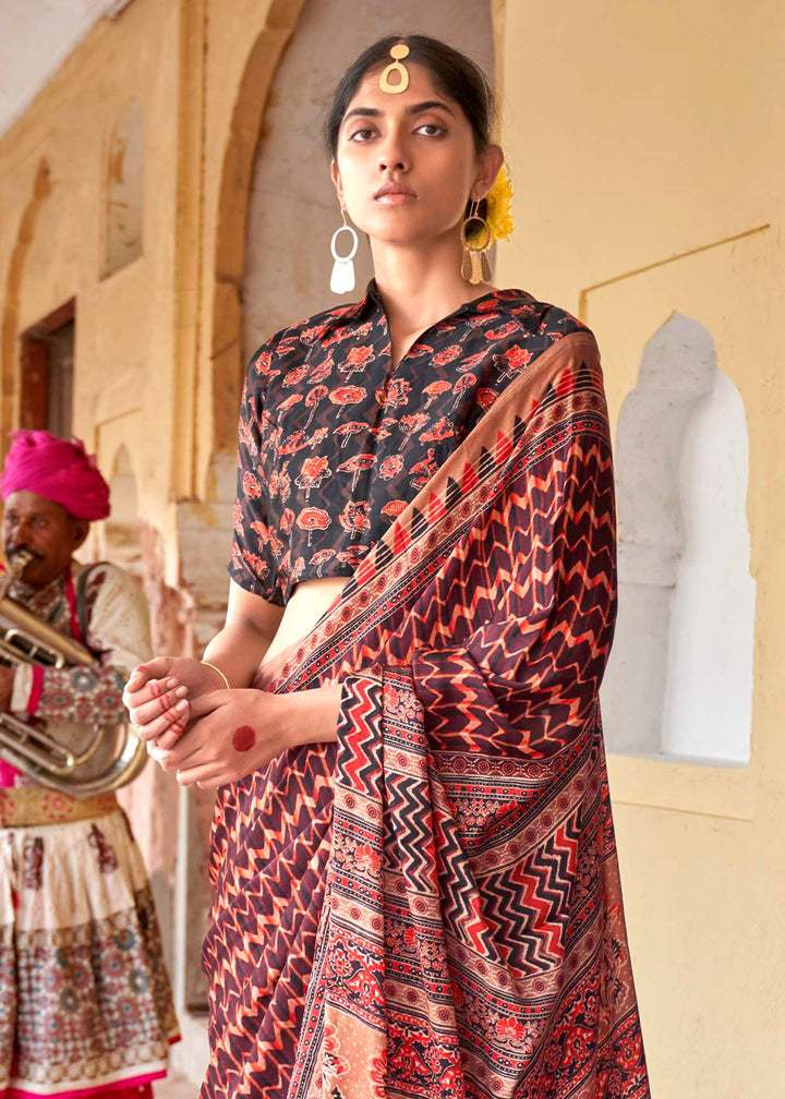 Shades Of Brown Viscose Silk Saree with Ajrakh Print and Gajji Lagdi Pallu