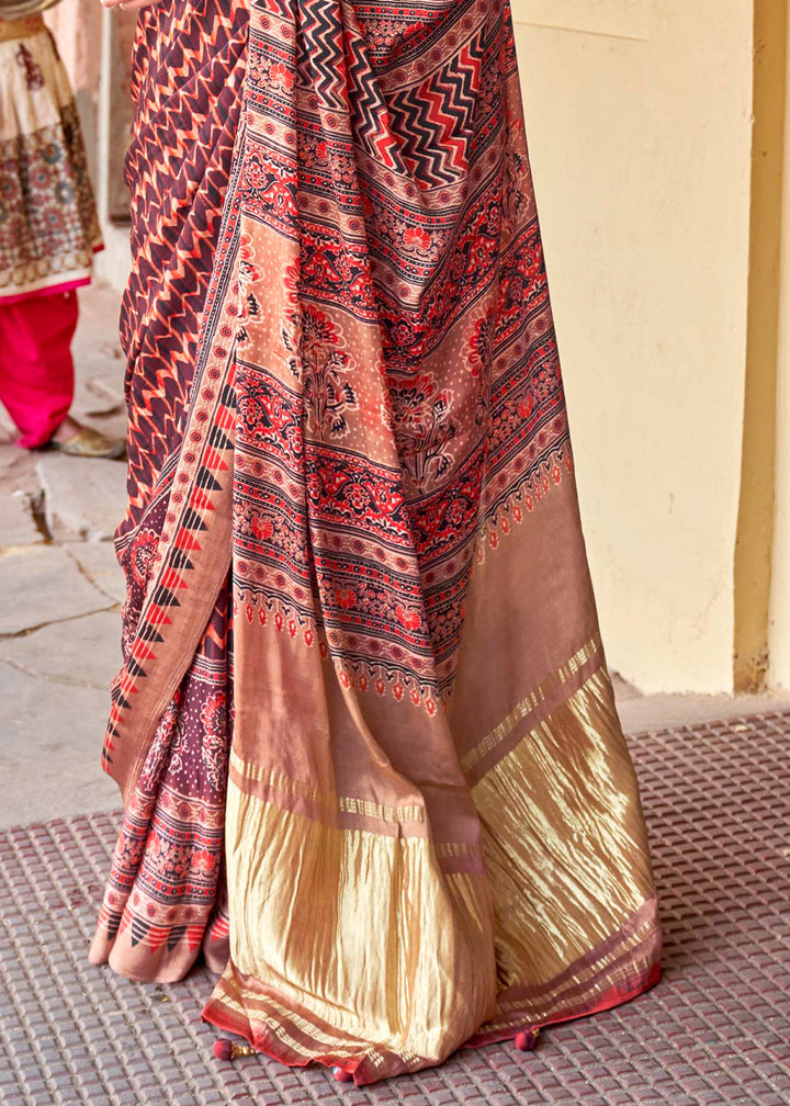 Shades Of Brown Viscose Silk Saree with Ajrakh Print and Gajji Lagdi Pallu