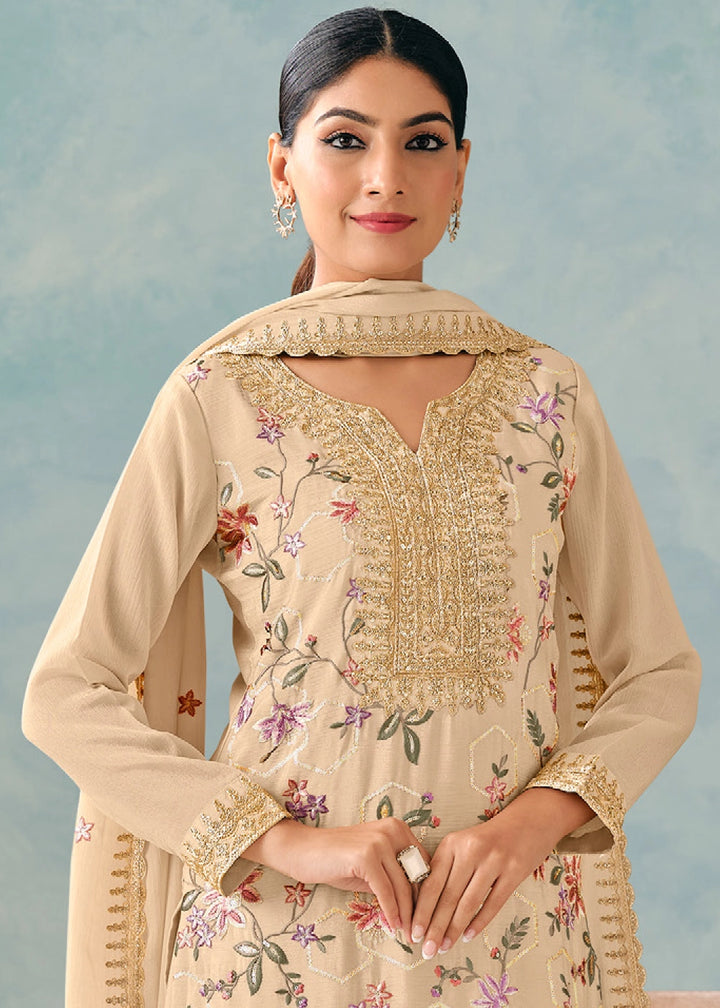 Beige Brown Palazzo Suit in Chinon Silk with Intricate Embroidery