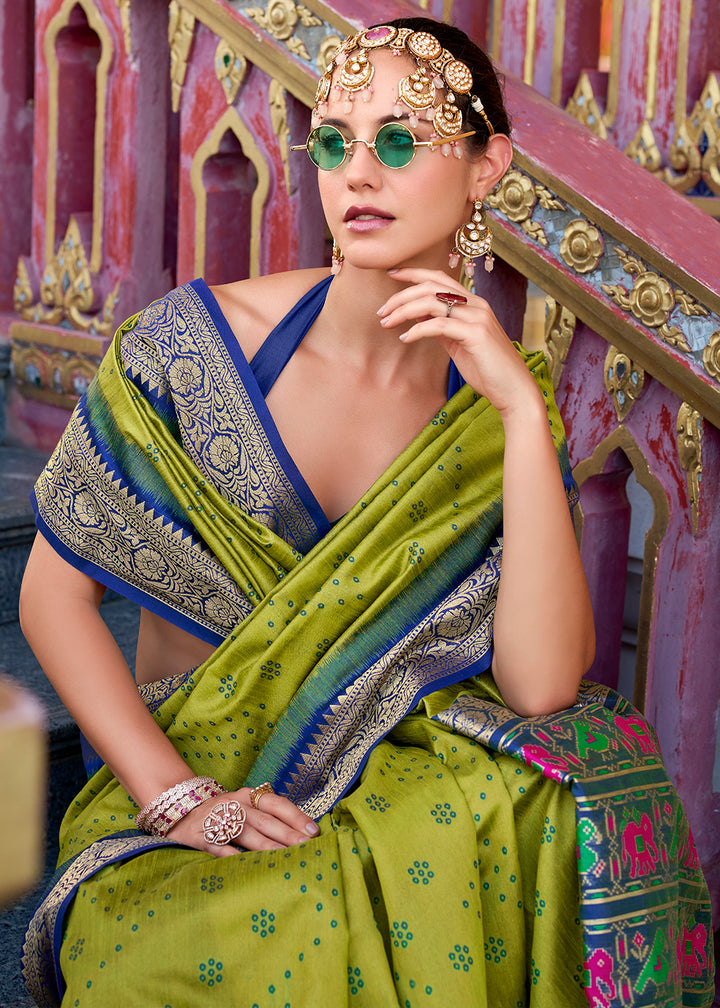 Pea Green Tussar Silk Saree with Exquisite Zari Border & Patola Pallu