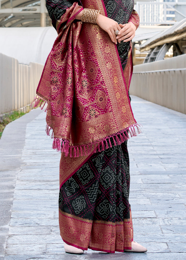 Charcoal Black Festive Soft Silk Saree with Intricate Bandhani Weave