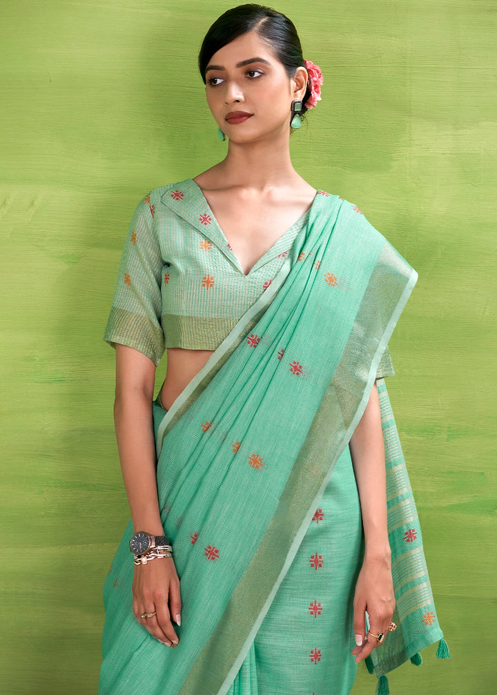 Light Cyan Blue Handwoven Linen Silk Saree with Butti Design