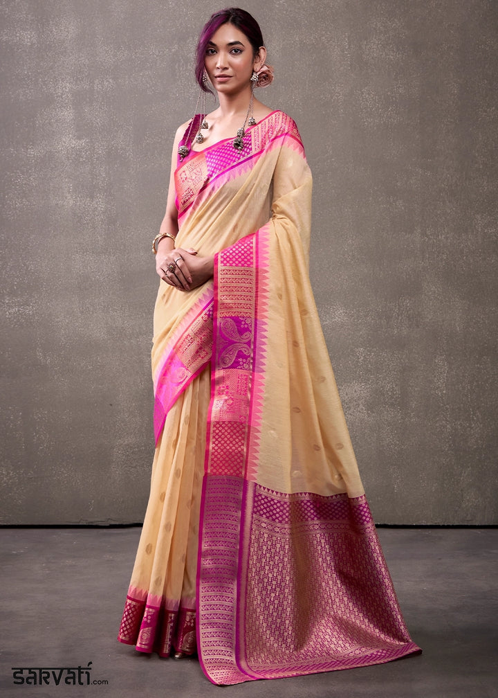 Flax Yellow Saree in Soft Modal Cotton with Rich Zari Weaving