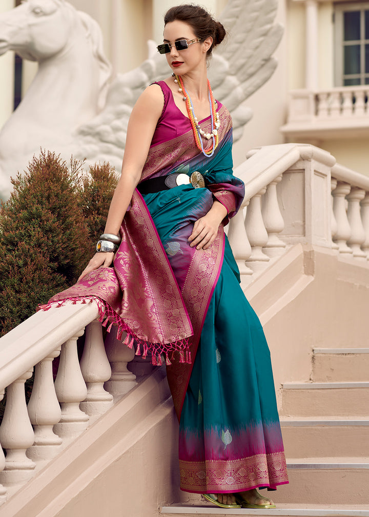 Deep Sea Blue Soft Silk Saree with Zari Work and Contrast Pallu