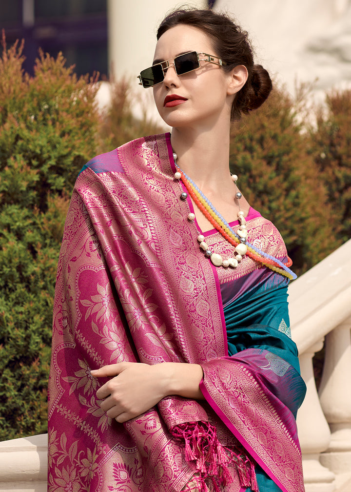 Deep Sea Blue Soft Silk Saree with Zari Work and Contrast Pallu