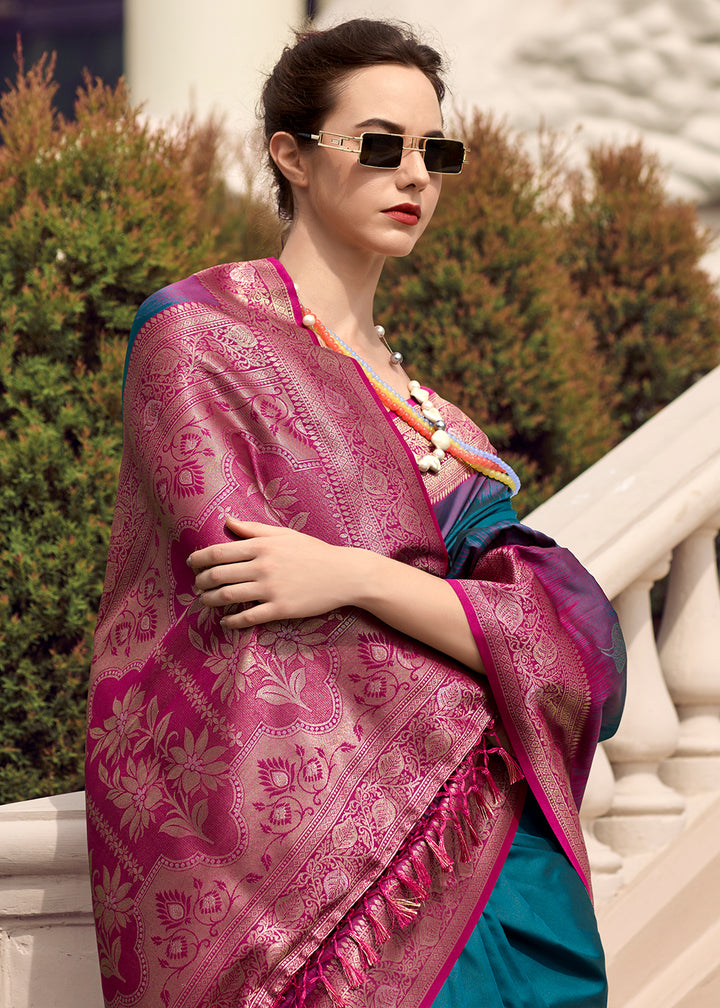 Deep Sea Blue Soft Silk Saree with Zari Work and Contrast Pallu