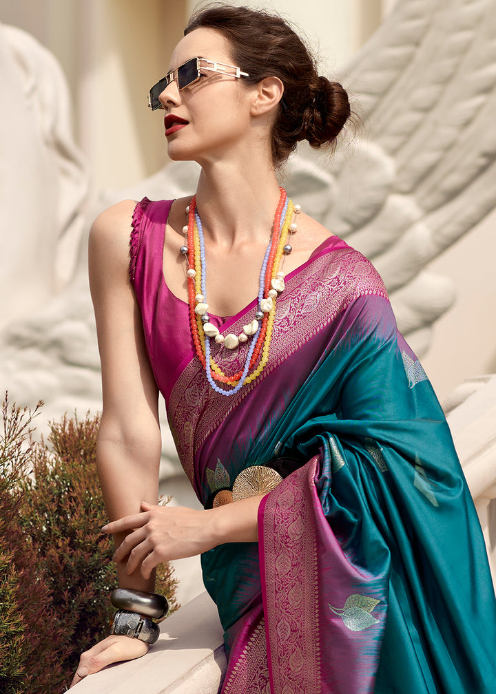 Deep Sea Blue Soft Silk Saree with Zari Work and Contrast Pallu