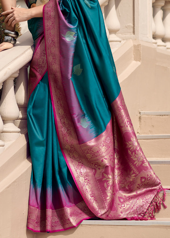 Deep Sea Blue Soft Silk Saree with Zari Work and Contrast Pallu