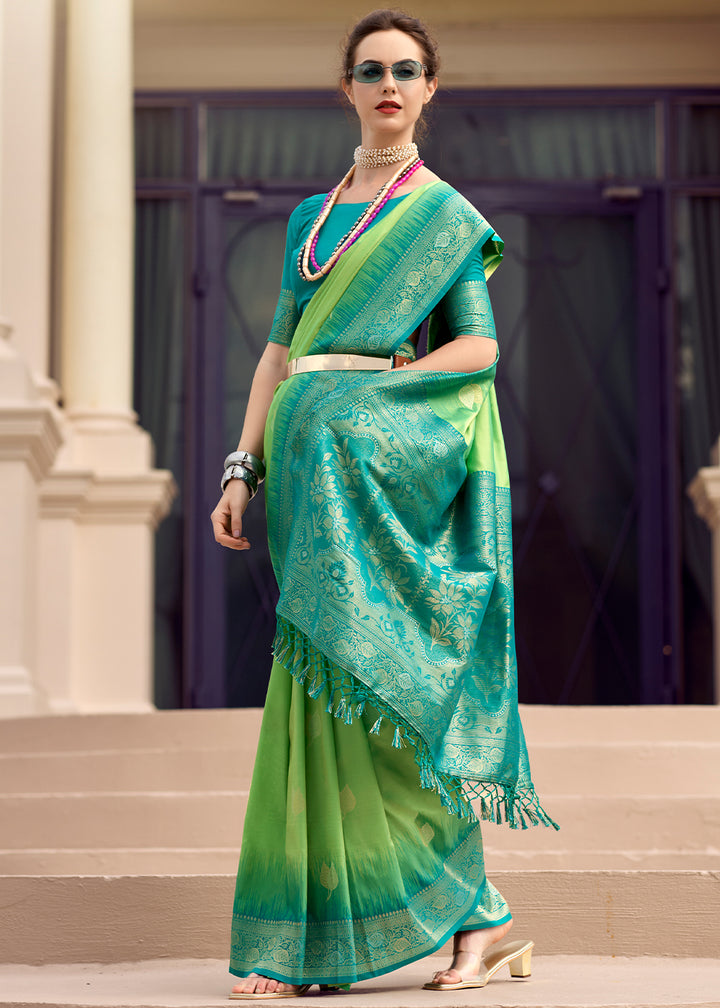Light Green Soft Silk Saree with Zari Work and Contrast Pallu