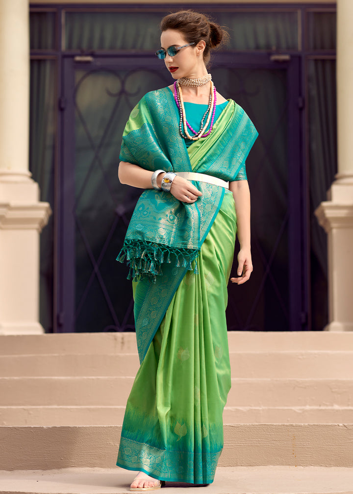 Light Green Soft Silk Saree with Zari Work and Contrast Pallu