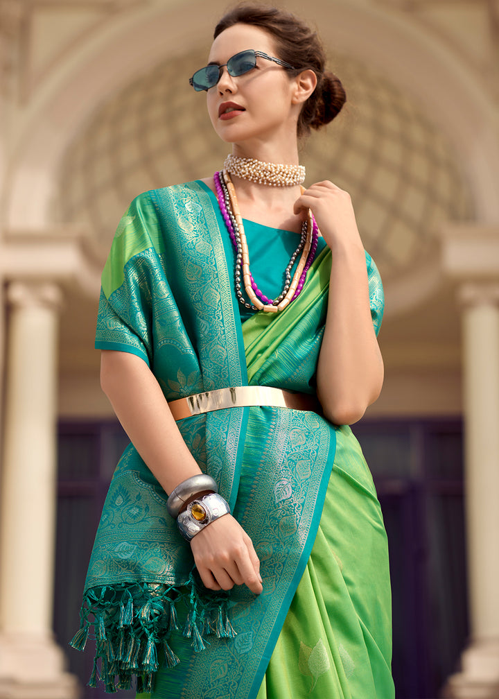 Light Green Soft Silk Saree with Zari Work and Contrast Pallu