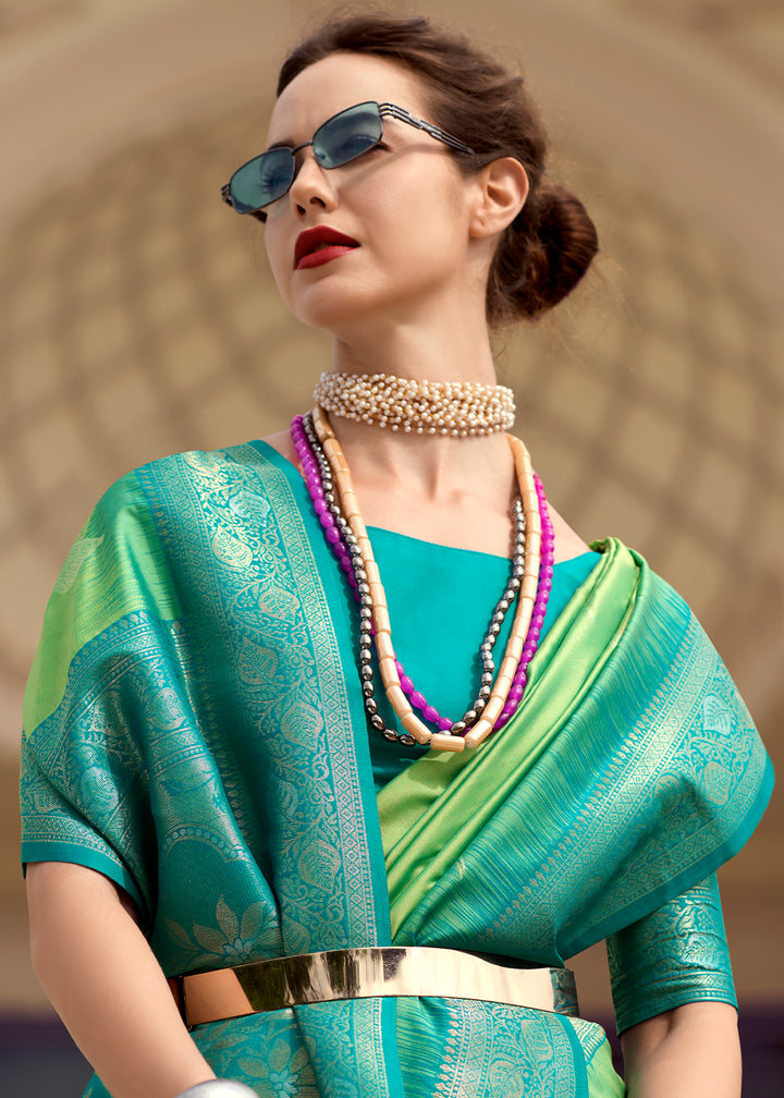 Light Green Soft Silk Saree with Zari Work and Contrast Pallu