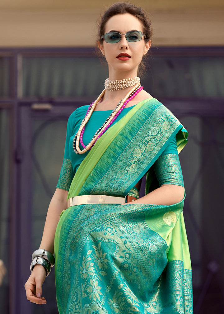 Light Green Soft Silk Saree with Zari Work and Contrast Pallu