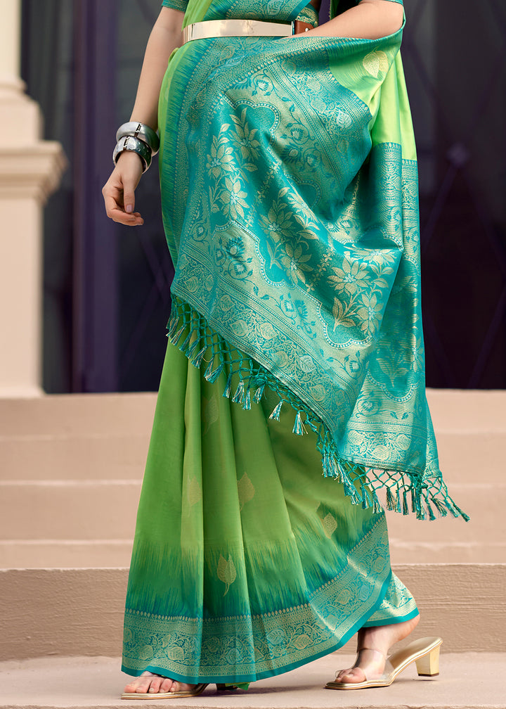Light Green Soft Silk Saree with Zari Work and Contrast Pallu