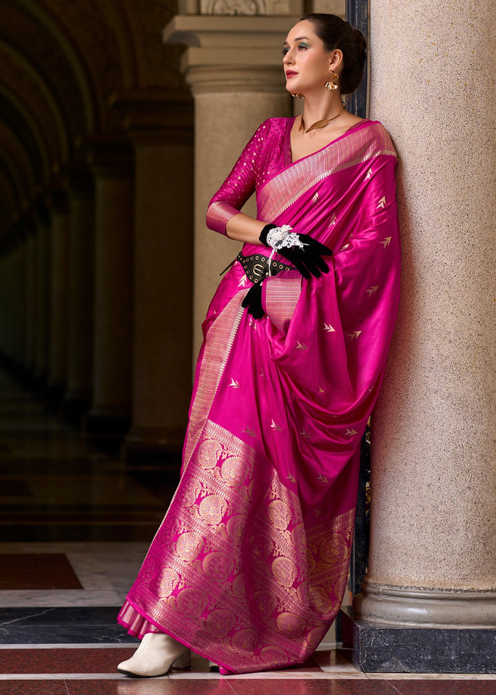 Hot Pink Satin Munga Silk Saree with Elegant Zari Weaving