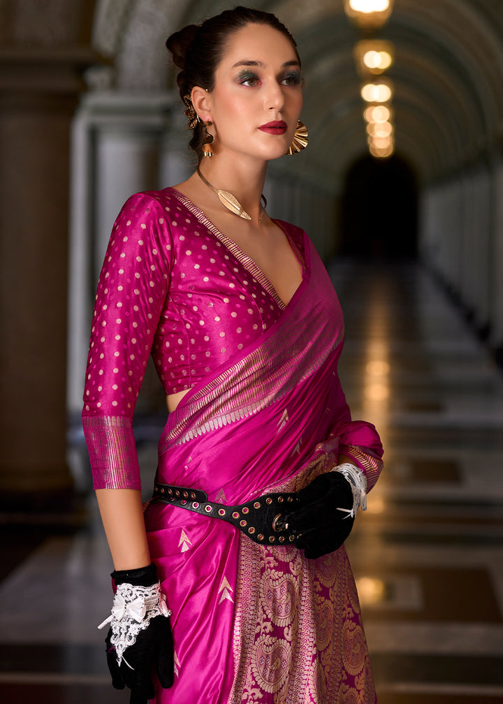 Hot Pink Satin Munga Silk Saree with Elegant Zari Weaving