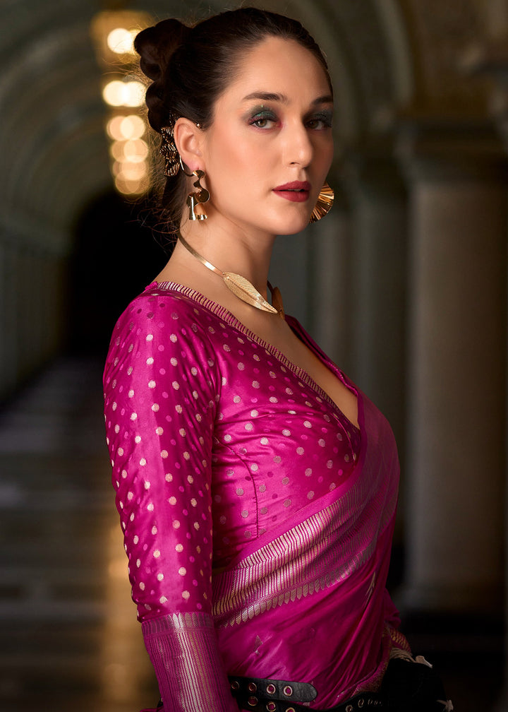 Hot Pink Satin Munga Silk Saree with Elegant Zari Weaving