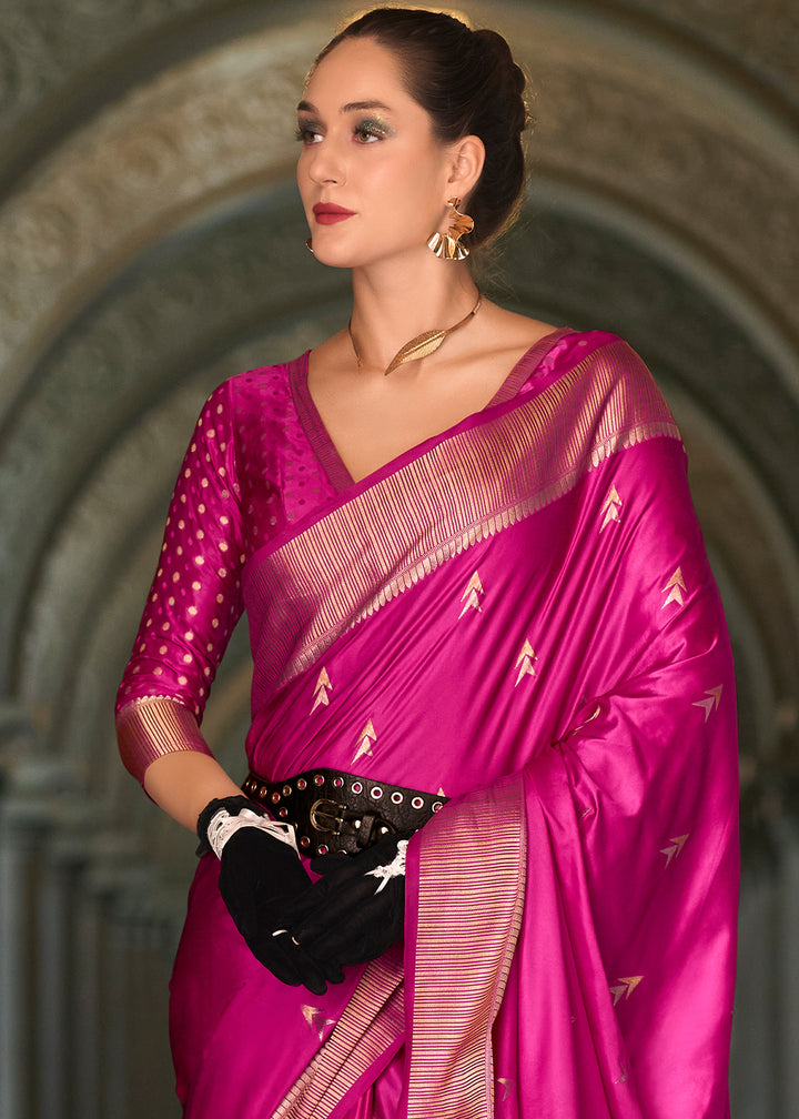 Hot Pink Satin Munga Silk Saree with Elegant Zari Weaving