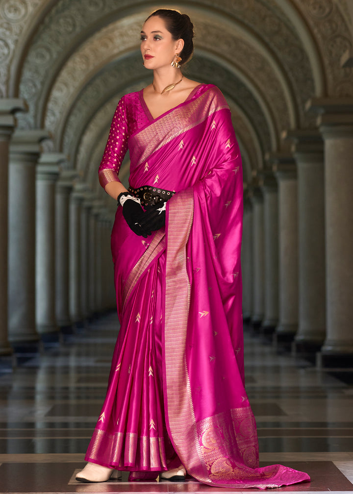 Hot Pink Satin Munga Silk Saree with Elegant Zari Weaving