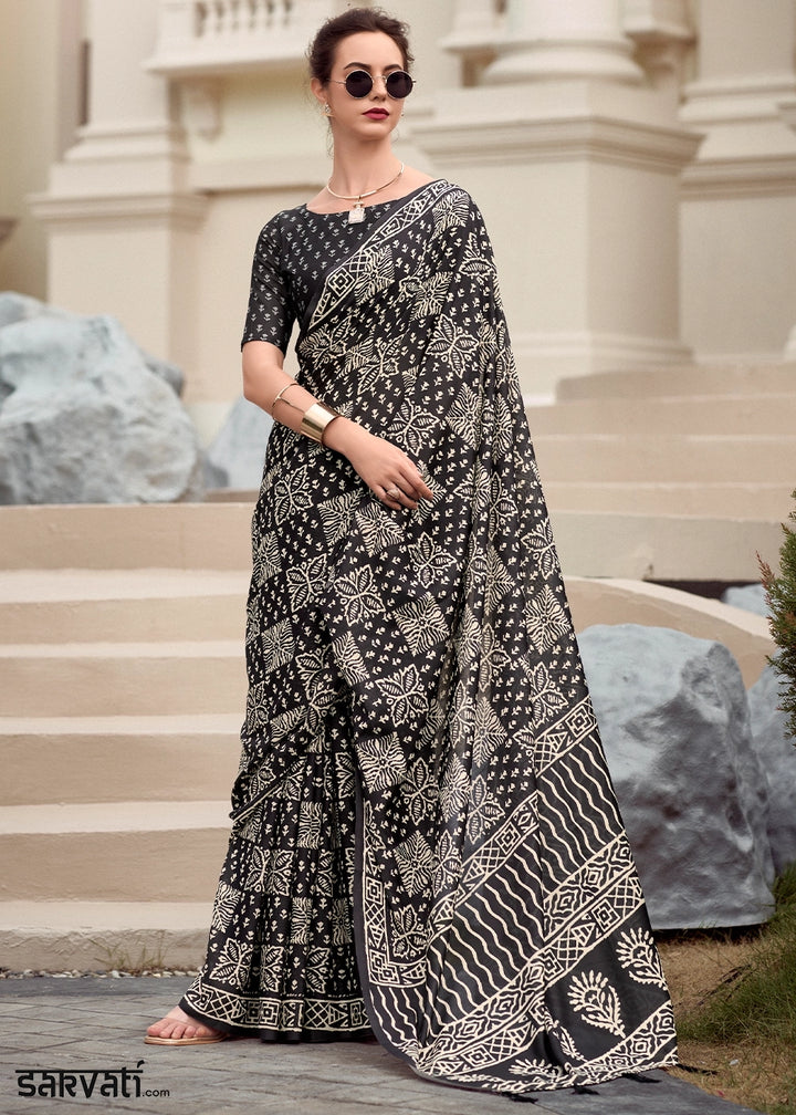 Soft Black Cotton Silk Saree with Contemporary Prints