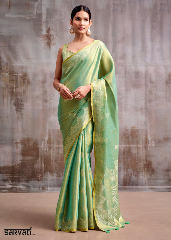 Shades of Green Tissue Silk Saree with Intricate Zari Artistry
