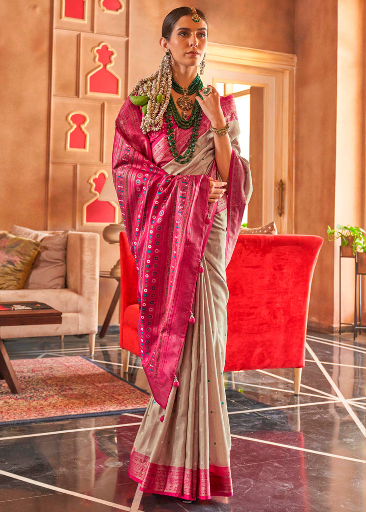 Beige Brown Silk Saree Featuring Patola Pattern and Aqua-Finish Sambalpuri Pallu